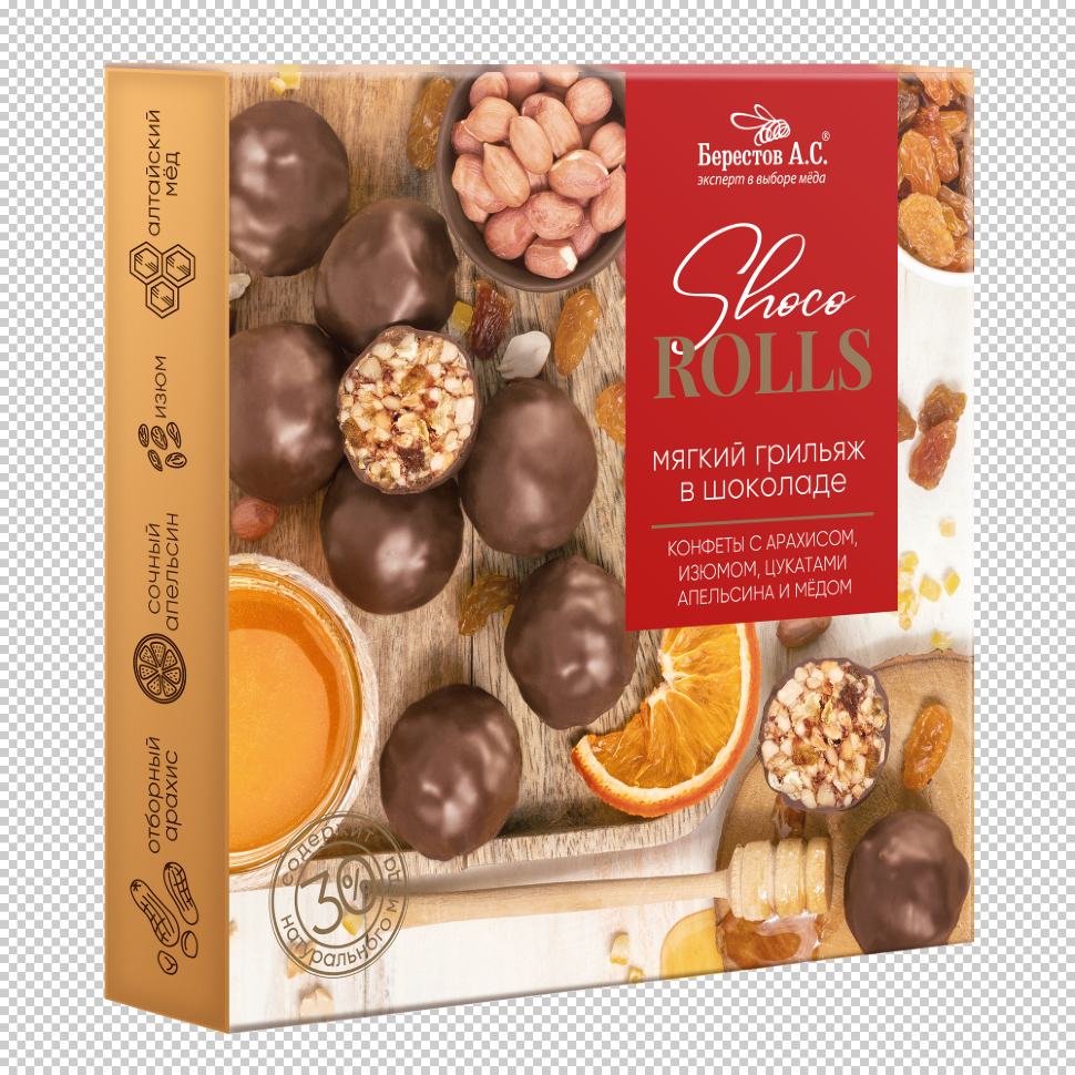  Берестов Shoco Rolls конфеты с арахисом, изюмом, цукатами апельсина и медом,  135г в Надыме